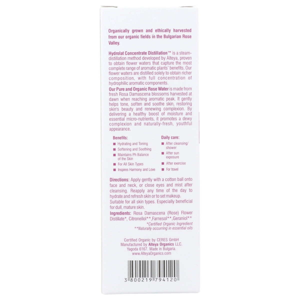 Alteya Rosenwasser Bio Damascena Spray 240ml Glas
